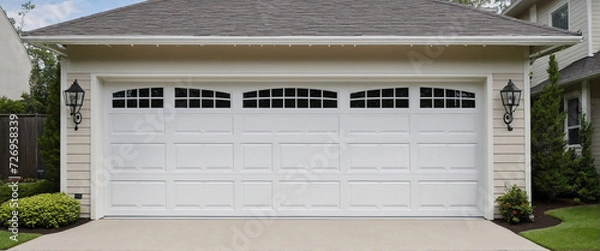 Fototapeta A typical garage door background. A typical American white garage door with a driveway in front. 