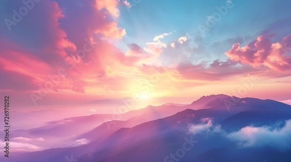 Fototapeta A cloud sky vibrant colors, the sky as day transitions to night over the urban landscape, natural sunlight. Generative AI