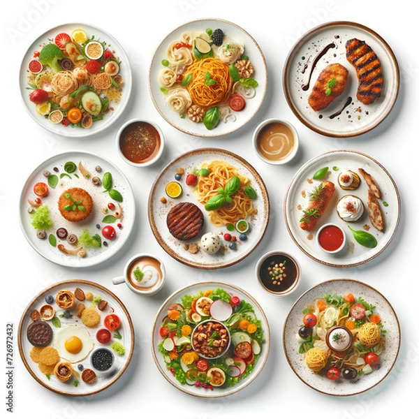 Fototapeta A set of plates of food, each isolated on a white background and viewed from the top. The set includes a variety of dishes, such as a plate of pasta