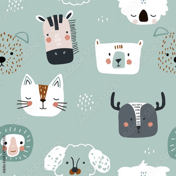 Fototapeta Seamless childish pattern with cute animals heads. Modern cartoon dog, cat, bear, monkey,dear , koala, zebra texture for fabric, textile, wallpaper. Vector illustration