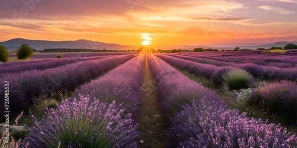 Fototapeta Sunset over lavender fields in full bloom. serene and picturesque landscape. ideal for nature themes and relaxation. AI