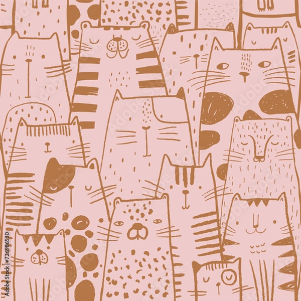 Fototapeta Seamless childish pattern with ink drawn cats. Creative kids hand drawn pink texture for fabric, wrapping, textile, wallpaper, apparel. Vector illustration