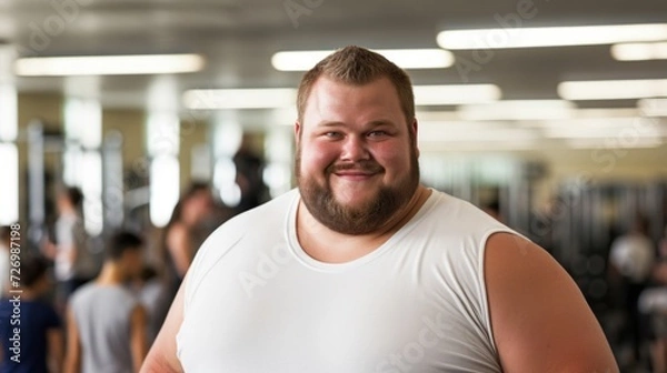 Fototapeta Cheerful young man with a beard smiling confidently in a gym setting, promoting fitness and well-being.