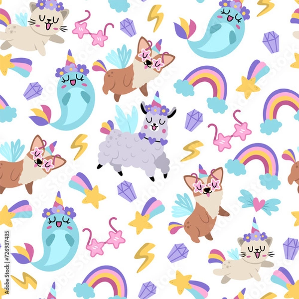Obraz Vector seamless pattern for unicorn birthday party. Repeat background with fantasy animals with horns, falling star, crystal, sunglasses, rainbow. Fairytale digital paper with narval, llama, cat, dog.