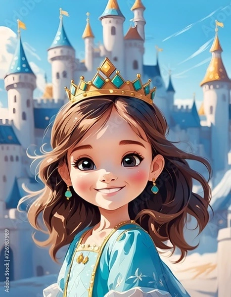 Fototapeta Young Princess Smiling in Front of Her Enchanted Castle on a Sunny Day