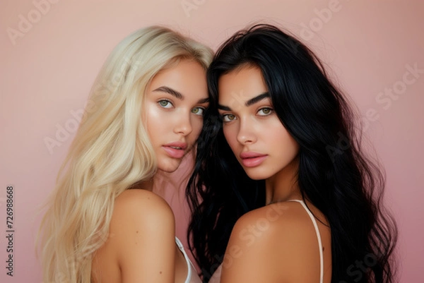 Fototapeta Portrait of a Blonde and a Brunette With Long Hair and Natural Looking Make Up on Light Pink Background