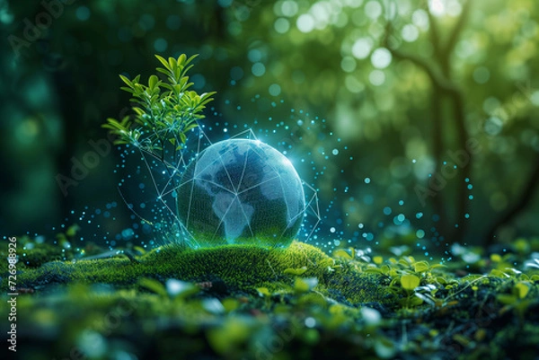 Obraz Green hologram globe on blurred natural forest background, ecosystem world, earth day, conservation  and healthy environment concept