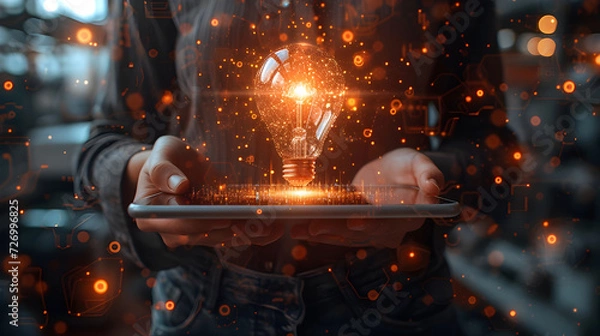Fototapeta Businessman holds an iPad with a red glowing light bulb scattered with innovation ,creative idea concept