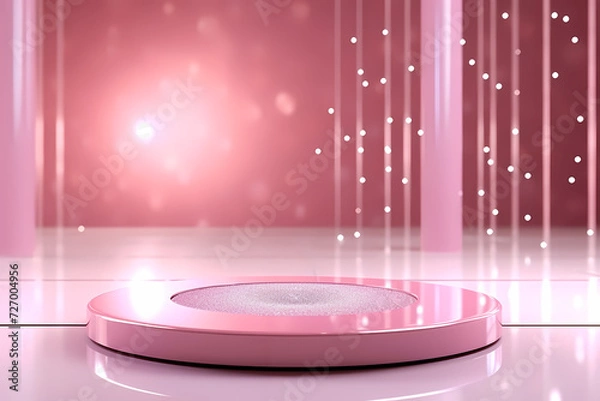 Fototapeta Pink podium 3d illustration background , mock up display with sparkle and glitter for beauty products or holiday event.	