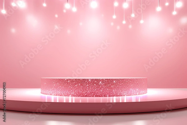 Fototapeta Pink podium 3d illustration background , mock up display with sparkle and glitter for beauty products or holiday event.	