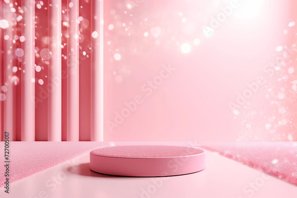 Fototapeta Pink podium 3d illustration background , mock up display with sparkle and glitter for beauty products or holiday event.	