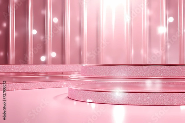 Fototapeta Pink podium 3d illustration background , mock up display with sparkle and glitter for beauty products or holiday event.	