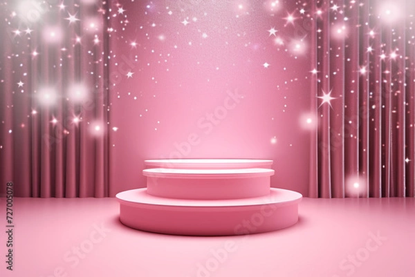 Fototapeta Pink podium 3d illustration background , mock up display with sparkle and glitter for beauty products or holiday event.	