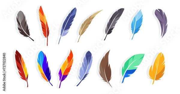 Fototapeta Collection of vector illustrations of colorful feather symbols. bird wing feathers. brightly colored feather symbol