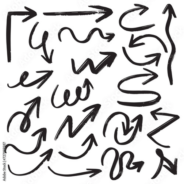 Obraz Set of hand-drawn black arrows isolated on white background. Direction pointer arrow mark icons vector collection. Modern grunge arrow brush paint. Chalk smear scribble arrows illustration