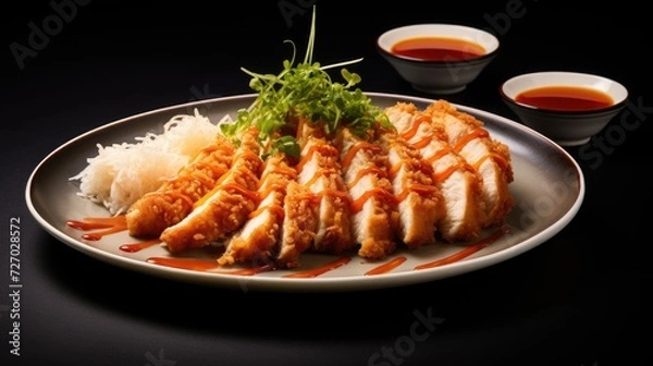 Fototapeta Chicken katsu curry with rice and vegetables in a deep dish - a flavorful and delicious Japanese cuisine meal for lunch or dinner