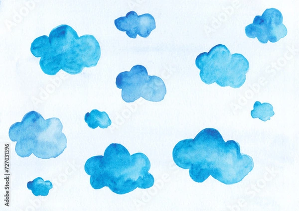 Fototapeta Watercolour background with blue clouds. Cute illustration of the sky. For decor, print, design, websites, postcards, textiles. Paper texture. Smudge technique.