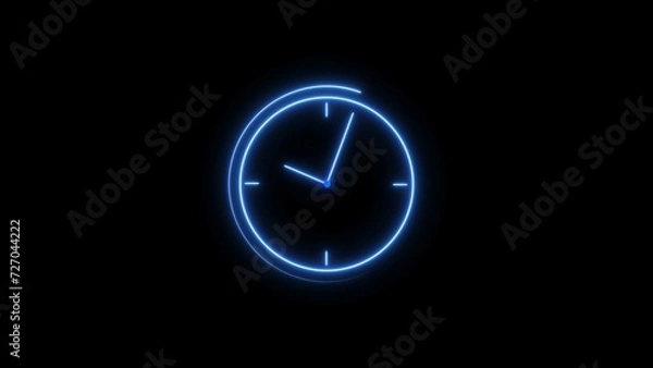 Fototapeta Clock icon neon light 24 Hour Day Fast Speed. Royal blue circle digital and analog clock neon looped black background 4k illustration.	