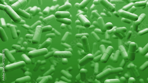 Fototapeta Capsules are moving upward on a green background. Tablet pills capsules float slowly in slow motion. 3d rendering