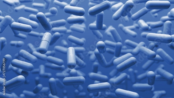 Fototapeta Blue 3D background with slowly floating capsules. Smoothly floating and colliding pills and capsules. Medical capsule with biomedical concept. 3d rendering