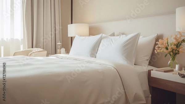 Fototapeta Modern hotel room with a neatly made bed, plush pillows, and elegant scandinavian simple decor.