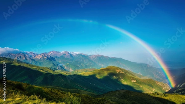 Fototapeta Beautiful rainbow in green mountain valley with green hills with copy space. Ecotourism concept. Generative AI