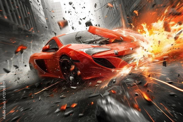 Obraz Supercar Damaged after car crash, Wrecked car, Supercar crash. Car collision high shutter speed photography.