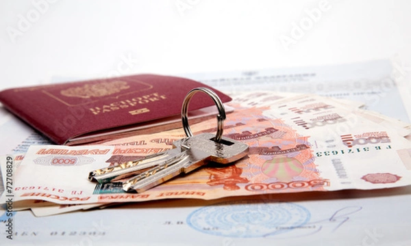 Fototapeta Keys, passport, money is lie on the certificate