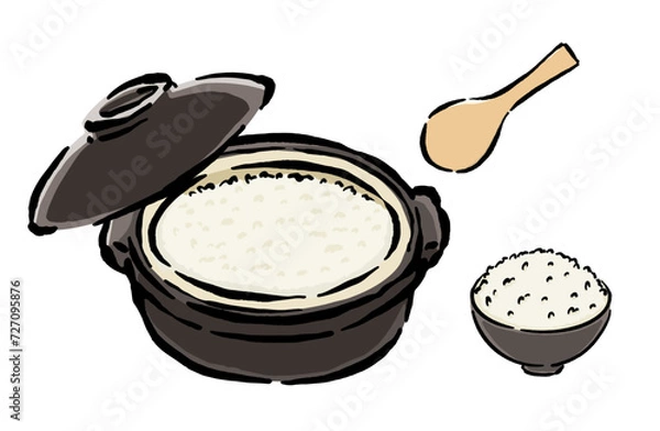 Obraz 土鍋で炊いたごはんのをお茶碗に盛り付けるイラスト