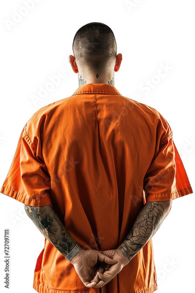 Fototapeta Rear view of a male prisoner wearing a prison uniform isolated on transparent background