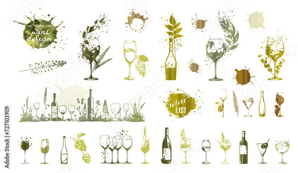 Fototapeta Colorful wine designs - Collection of wine glasses. Sketch vector illustration. Elements for invitation cards, advertising banners and menus. Wine glasses with splashing wine and plants.