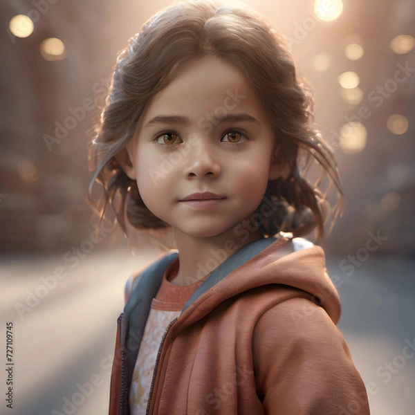 Fototapeta A little girl in pink  hoody on a blur background and lights walking after school