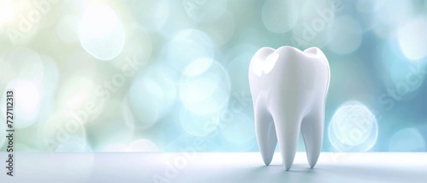 Fototapeta A pristine white tooth stands against a shimmering blue background, symbolizing dental health and care.