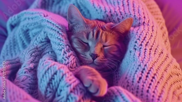 Fototapeta Sleeping Cat Wrapped in a Blanket with Neon Lighting