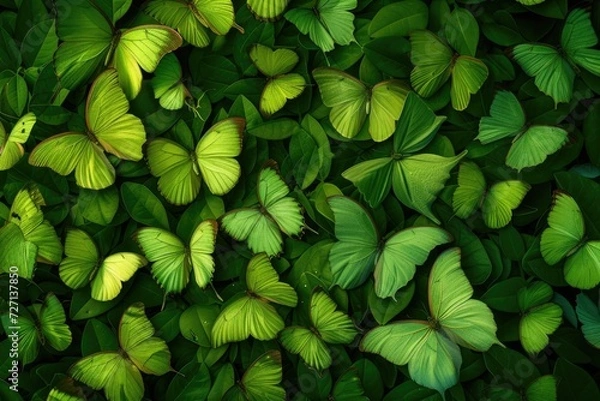 Obraz butterfly background. Background of beautiful green butterflies in a green shade