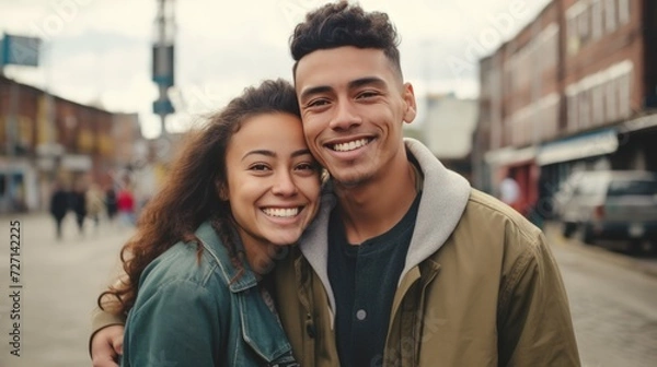 Fototapeta Portrait of happy mixed race couple looking at camera and smiling while standing outdoors