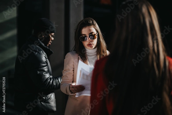 Fototapeta Focused professionals discuss documents outside. A diverse group collaborates in an urban setting, highlighting teamwork and business strategy on a sunny day.