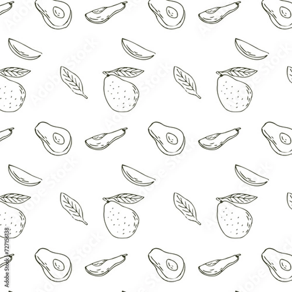 Fototapeta Sketch drawing pattern with avocado sliced, half and fruit with leaf. Vector illustration can used for wrapping paper, banner and cover design. 