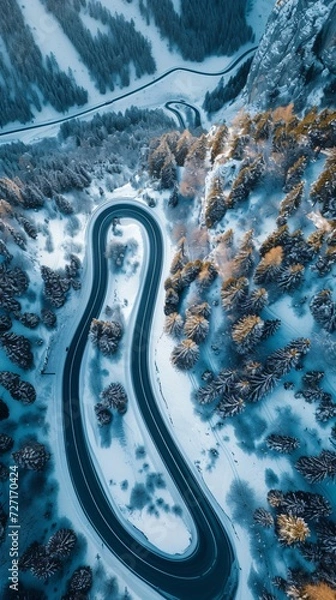 Obraz Aerial view of the winding Snake Road in winter in the Dolomite Alps of Italy