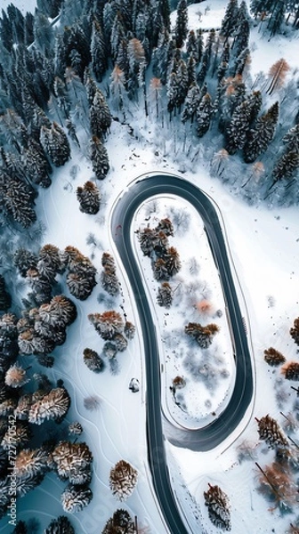 Fototapeta Aerial view of the winding Snake Road in winter in the Dolomite Alps of Italy