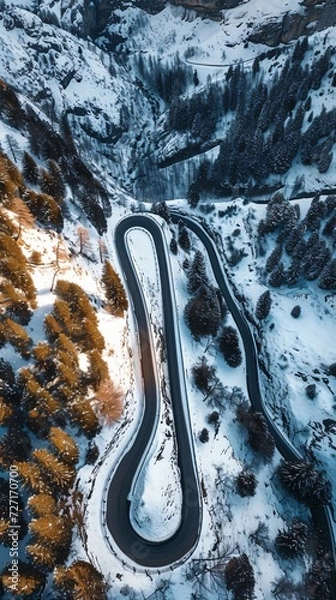 Fototapeta Aerial view of the winding Snake Road in winter in the Dolomite Alps of Italy