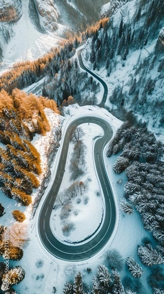 Fototapeta Aerial view of the winding Snake Road in winter in the Dolomite Alps of Italy