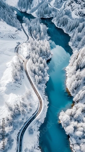 Fototapeta Aerial view of the winding Snake Road in winter in the Dolomite Alps of Italy