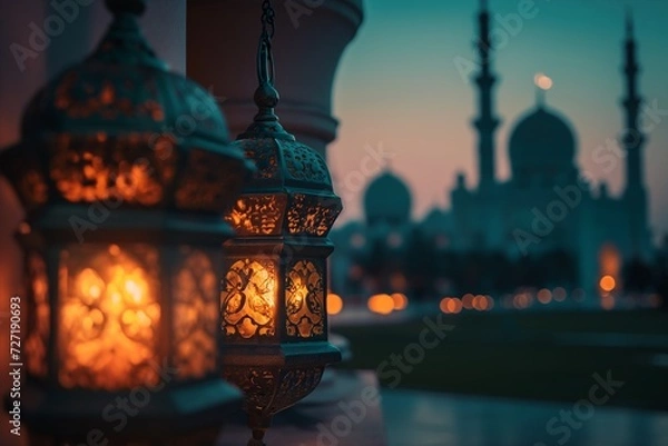 Fototapeta Ethereal Ramadan Night with Glowing Lanterns and Tranquil Mosque