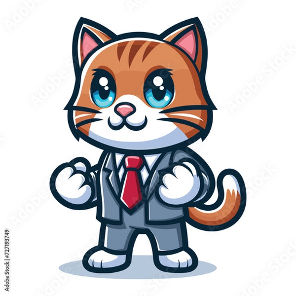 Obraz Cute adorable cat wearing suit dress cartoon character vector illustration, funny kitty flat design template isolated on white background