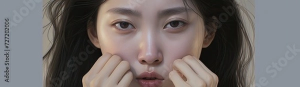 Obraz An engaging image of a woman adorned with makeup, perfect as a model for face wash product advertisements, her hand gracefully resting on her rejuvenated face.