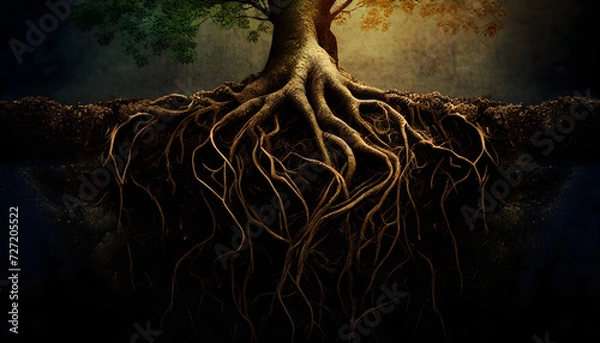 Fototapeta ree roots in soil close up, underground texture. Generative AI.