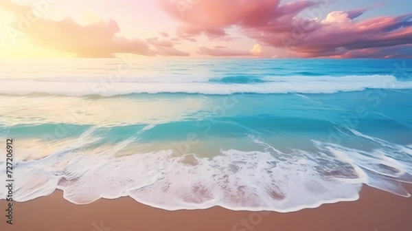 Fototapeta Sandy beach with light blue transparent water waves and sunlight, tranquil aerial beach scene