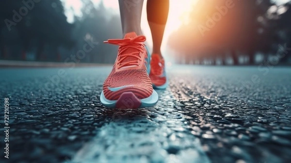Fototapeta Close Up of a Persons Running Shoes Tied With Blue Laces, Black Friday