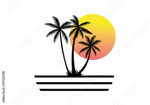 Fototapeta retro sunset palm tree vector icon logo illustration template white background
